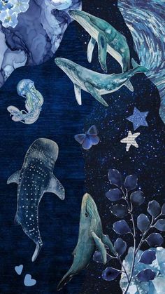 a painting of dolphins swimming in the ocean with stars and fish around them, surrounded by water lilies