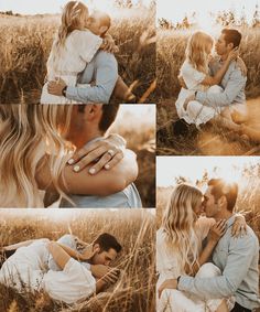 a man and woman kissing in the middle of a field with tall grass behind them