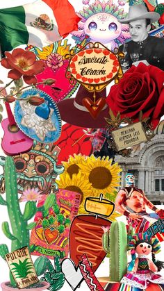 collage of mexican flags, flowers, and other things in the shape of a heart