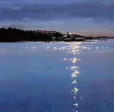 an oil painting of the ocean at night