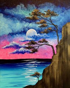 an acrylic painting of a tree on a cliff overlooking the ocean at night