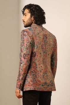 Multicolor full sleeve bandhgala with floral, paisley woven motifs and mandarin collared neckline. - Aza Fashions Traditional Paisley Print Kurta For Festive Occasions, Traditional Festive Kurta With Paisley Print, Traditional Bandhgala With Long Sleeves And Printed Motifs, Traditional Long Sleeve Bandhgala With Printed Motifs, Long Sleeve Bandhgala With Printed Motifs For Eid, Transitional Printed Nehru Jacket, Transitional Season Printed Nehru Jacket, Transitional Fitted Nehru Jacket With Printed Motifs, Traditional Fitted Nehru Jacket With Printed Motifs