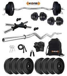 the complete gym equipment set includes dumbbells, barbells, and more