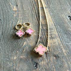 Pretty Gold-Filled Clover Necklace And Earring Set. Pendant Is Approx 15mm, Earrings About 7mm. Huggie Style Rings Hang 1”. Necklace Is 18” Long. Nwot. Pink Clover, Clover Necklace, Necklace And Earring Set, Pink Gold, Pink And Gold, Womens Jewelry Necklace, Earring Set, Gold Filled, Pink Ladies