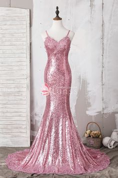 Spaghetti Strap V Neck Delicate Lace Appliqued Pink Full Sequin Fit and Flare Prom Dress Fit And Flare Prom Dress, Flare Prom Dress, Military Ball Dress, Glitter Prom Dress, Lace Mermaid Dress, Prom Dress With Train, Navy Prom Dresses, Sequin Bridesmaid, Military Ball Dresses