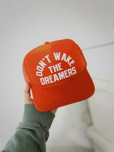 100% Polyester front 100% Nylon back Don't wake the dreamers trucker hat High front profile 5 panel cap Adjustable snapback Patch Trucker Hat, Cute Trucker Hats, Hat Patch Ideas, Trucker Hat Aesthetic, Trucker Cap Design, Hat Design Ideas, Funny Trucker Hats, Trucker Hat Ideas, Trucker Hat Outfit