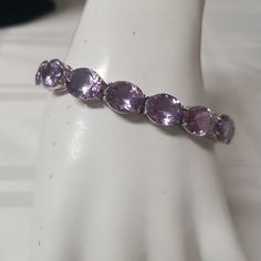 7" 48.50 Carat Lavender Amethyst Bracelet In 925 Sterling Silver W/ Insert Style Clasp With Safety Catch. New Without Tags In Perfect Condition. A Real Show Stopper. Sterling Silver Amethyst Bracelet For Formal Occasions, Elegant Sterling Silver Amethyst Bracelet For Formal Occasions, Lavender Amethyst Bracelet, Classic Amethyst Bracelets In Purple, Formal Sterling Silver Amethyst Bracelet, Formal Amethyst Gemstone Sterling Silver Bracelet, Formal Purple Amethyst Sterling Silver Bracelet, Classic Purple Amethyst Bracelets, Classic Amethyst Purple Bracelets