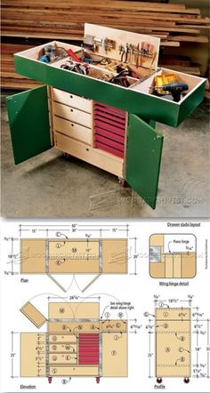 an image of a workbench with drawers and tools in the bottom drawer,