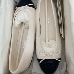 Too Small For Me, I’m Usually A 37. Need To Sell. Make Me An Offer! Chanel Flats, Chanel White, Black Ballet, Black Ballet Flats, Glass Slipper, White Flats, Chanel Shoes, Flat Shoes Women, Ballet Flats