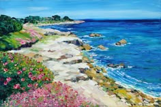 an oil painting of a beach with flowers by the water