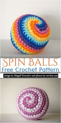 three different crocheted balls are shown with the words spin balls written below them