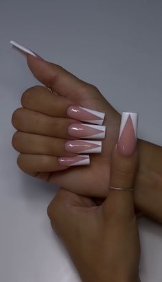 Nail Ideas Colorful French Tip, Pink N White French Nails, One Color French Tip Nails, Short French Tip Nails Coffin, V Tip Nail Designs, White Pink French Tip Nails, Long Square Gel X Nails, Exotic French Tip Nails