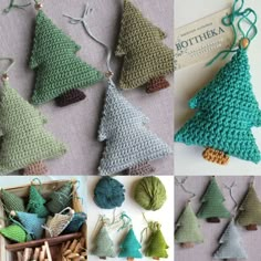 crocheted christmas tree ornaments in different colors and sizes