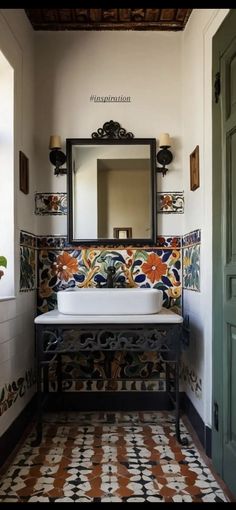 Colorful Mosaic Tile, Large Framed Mirror, Mexican Houses, Terracotta Floor Tiles, Talavera Sink, Spanish Home Decor, Green Living Room, Serene Bathroom, Bathroom Retreat