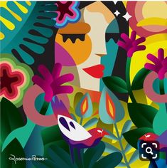 an abstract painting of a woman surrounded by flowers and leaves, with the words'flower power'in bold colors