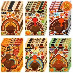 four different thanksgiving stickers with turkeys and pilgrim hats on them, all in various colors