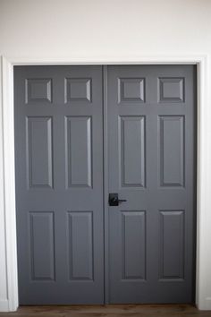 two gray doors in a white room