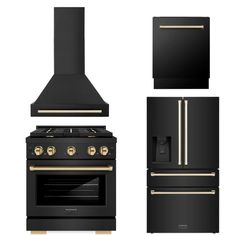 black and gold kitchen appliances are shown in this image