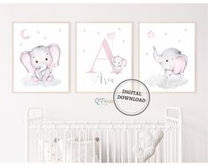 two baby elephant pictures are hanging on the wall next to a crib