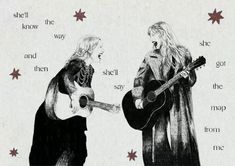 two women with long hair are playing guitars