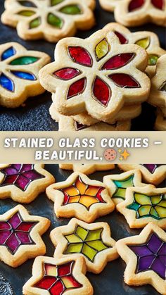 stained glass cookies are shown in different colors and shapes, with the words stained glass cookies beautiful