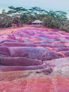 a hill covered in pink and purple colored rocks with trees on the other side at sunset