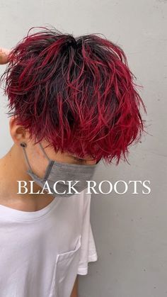 Mens Red And Black Hair, Black Cherry Hair Color Men, Red Highlights Men Hair, Black Root Red Hair, Red Dyed Hair Men, Red Hair Man