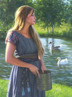 a painting of a woman holding a bucket in front of water with swans swimming behind her