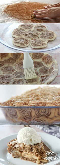 three different views of pies with whipped cream on top, and the bottom one showing how to bake them