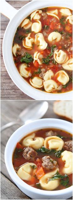 two pictures showing different types of soup in white bowls with meatballs and spinach