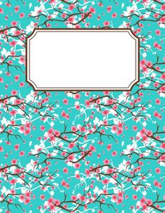 a blue background with pink flowers and a white frame in the center on top of it