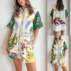 Women Home Pajamas Loose Shirts Elastic Waist Short Print Nightwear Two Piece Set Casual Multicolor Short Sleeve Sleepwear, Multicolor Relaxed Fit Sleep Top, Multicolor Short Sleeve Casual Sleepwear, Multicolor Short Sleeve Sleepwear With Relaxed Fit, Multicolor Short Sleeve Sleepwear In Relaxed Fit, Multicolor Relaxed Fit Sleepwear With Short Sleeves, Multicolor Relaxed Fit Short Sleeve Sleepwear, Casual Green Printed Sleepwear, White Graphic Print Vacation Sets