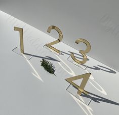 a white sign with gold numbers and a small plant