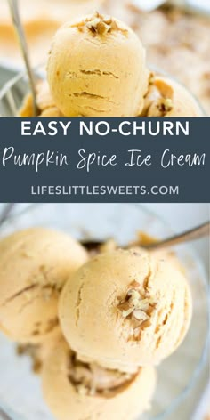 two scoops of pumpkin spice ice cream in a glass bowl with text overlay