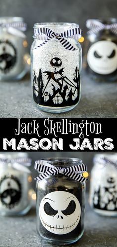 jack skellington mason jars decorated with black and white designs