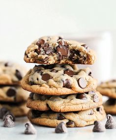 chocolate chip cookies stacked on top of each other