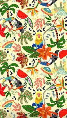 a colorful pattern with birds and flowers on it