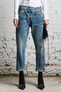 A cool pair of R13 jeans with a slouchy fit and the label's signature crossover waist, distinguished with heavy whiskering throughout the silhouette. Straight leg jean, crossover button enclosure, classic 5 pocket styling, model is 5'11" and is wearing a size 25, Italian denim, 100% cotton, machine wash, made in Italy R13 Denim, Designer Jeans For Women, Jeans Outfit Fall, Quirky Fashion, Denim Shoes, Best Jeans, Designer Jeans, Premium Denim, Womens Fall