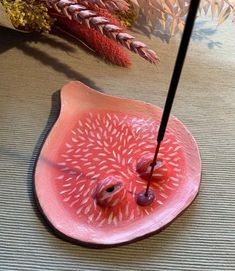 a pink plate with two little birds on it and some plants in the back ground