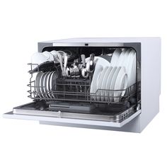 an open dishwasher with many dishes in it