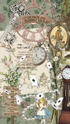 a collage of clocks, cards, and other items on a wallpapered background