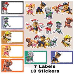 the paw patrol character stickers are all in different colors and sizes, including one for each