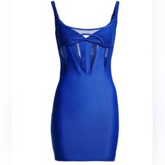 Nwt Mugler X H&M Corset Style Mini Dress In Klein Blue Is Fitted And Made From Stretch Jersey, Featuring Sheer Mesh Panels And A Classic Corset Detail With Boning. It Boasts Narrow And Adjustable Shoulder Straps, A Low-Cut Neckline, And Jersey-Lined Cups To Ensure A Comfortable Fit. There Is A Back Zipper With A Star-Shaped Zipper Pull And A Concealed Hook-And-Eye Fastener. A Fitted Mini Dress In Stretch** Jersey With See-Through Mesh Panels And A Timeless Corset Detail With Boning. Sleeveless D Blue Sheer Mini Dress, Sheer Blue Mini Dress For Night Out, Blue Sheer Mini Dress For Night Out, Elegant Blue Sheer Mini Dress, Blue Sheer Sleeveless Dress, Blue Sheer Mini Dress For Party, Blue Sheer Mini Dress For Evening, Blue Sheer Cocktail Dress, Arizona Outfits