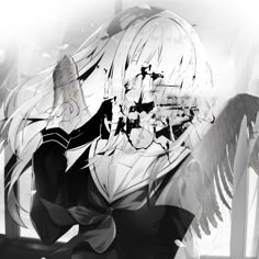 an anime character with angel wings in black and white colors, looking down at the ground