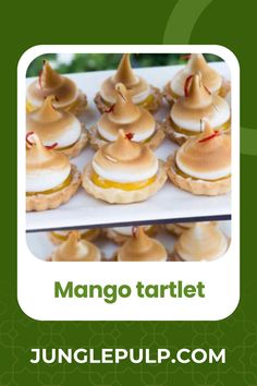 many small sandwiches are arranged on a white platter with the words mango tartle