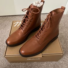 Madewell Evelyn Tie Up Ankle Boots In A Size 9.5 M. Dried Maple Color- A Beautiful Warm Brown. Genuine Leather. Brand New With Box, Originally $158. Brown Lace-up Martin Boots For Work, Brown Ankle-high Martin Boots For Work, Flat Heel Lace-up Boots For Workwear, Flat Heel Lace-up Boots For Fall Workwear, Lace-up Flat Heel Boots For Fall Workwear, Fall Workwear Lace-up Boots With Flat Heel, Workwear Lace-up Boots With Round Toe And Medium Width, Ankle-high Lace-up Boots With Leather Footbed For Work, Brown Ankle Combat Boots For Work