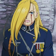 an anime character with long blonde hair in uniform