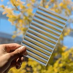 a person holding up a piece of metal in front of some trees with yellow leaves