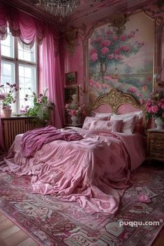 a bedroom with pink bedding and curtains