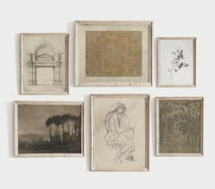 six framed drawings are hanging on the wall in front of each other, including one with a seated woman